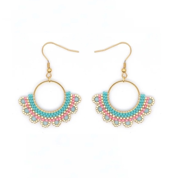 Jewelry - Teal & Pink Beaded Boho Circular Drop Earrings